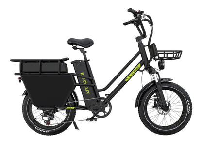Black KOOLUX X8 dual-battery electric bike, complete side view showing front basket and long rear rack