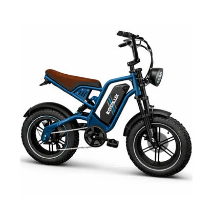 KOOLUX X9 Mini electric bike in Blue, right-side three-quarter view showing pedals and 16-inch fat tyres
