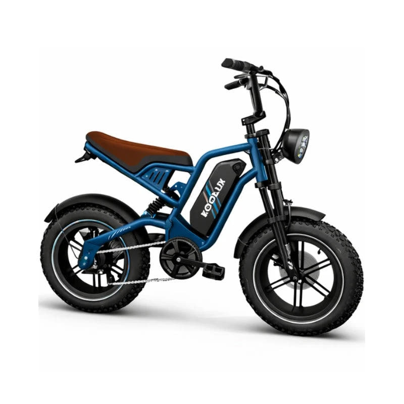 KOOLUX X9 Mini electric bike in Blue, right-side three-quarter view showing pedals and 16-inch fat tyres