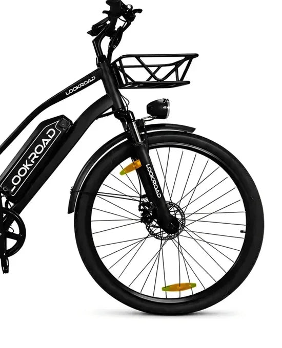 LOOKROAD L28 electric bike front wheel, fork and brake detail