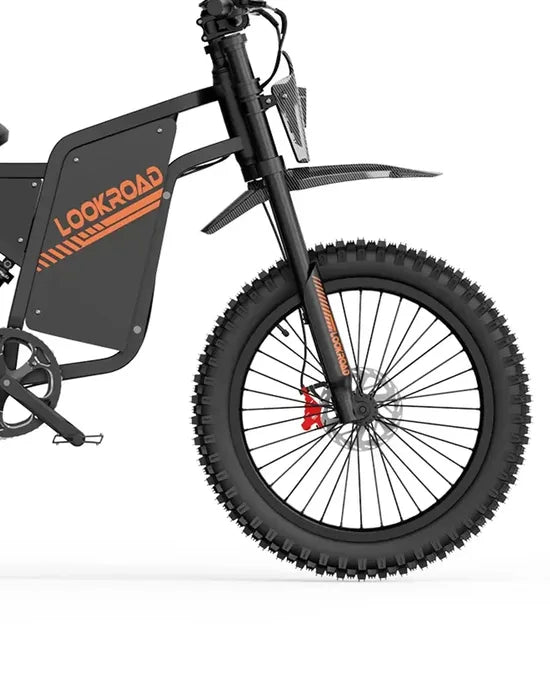 LOOKROAD Q8 electric bike front wheel, fork and brake detail