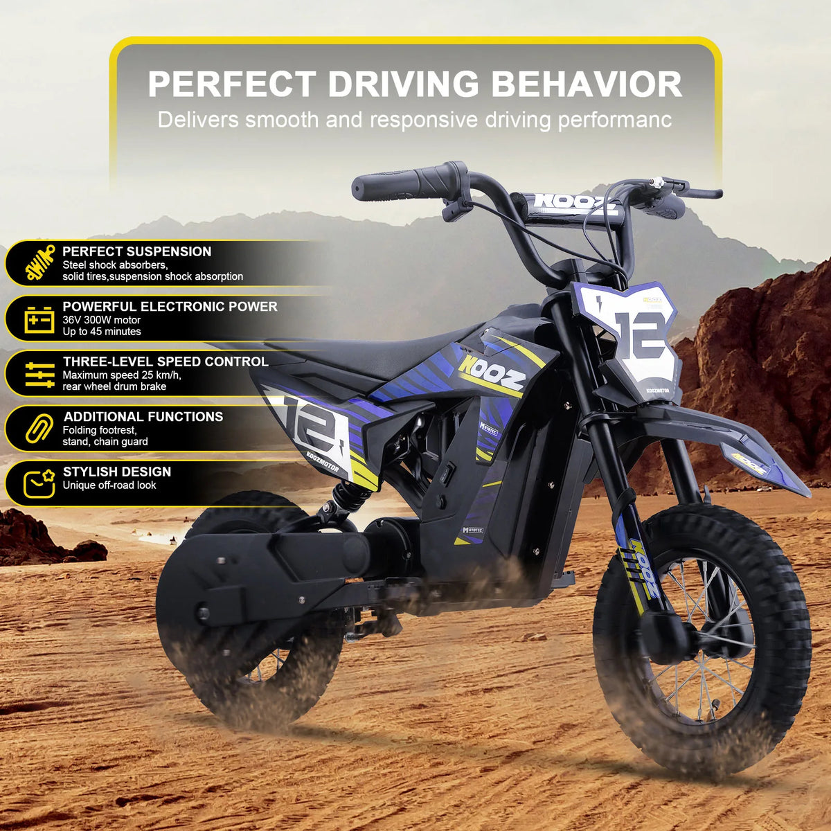 MotoTec HP122E blue electric dirt bike side profile