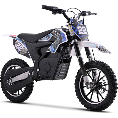 MotoTec Demon 790W blue electric dirt bike, front three-quarter view on white