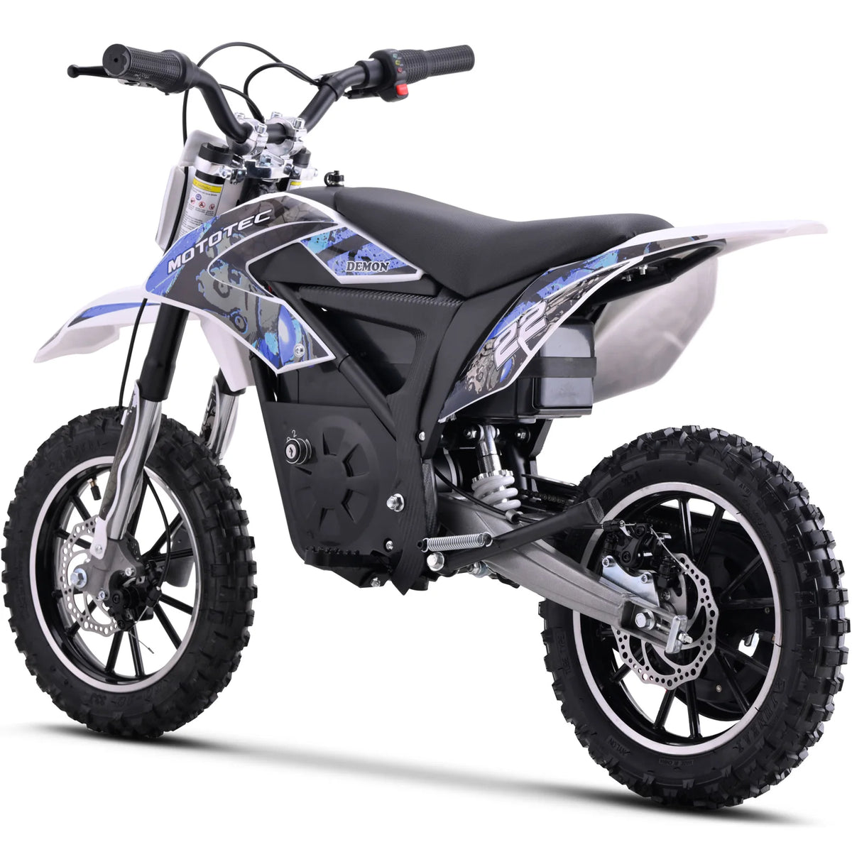 MotoTec Demon 790W blue electric dirt bike, rear three-quarter view on white