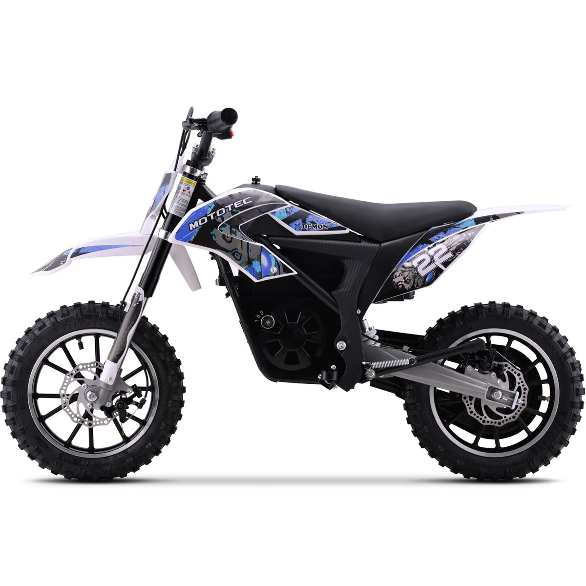 MotoTec Demon 790W blue electric dirt bike, side profile on white