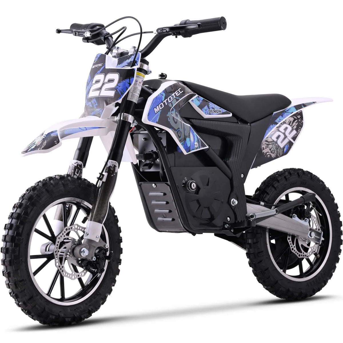 MotoTec Demon 790W blue electric dirt bike, opposite front three-quarter view on white