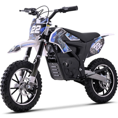MotoTec Demon 790W blue electric dirt bike, opposite front three-quarter view on white