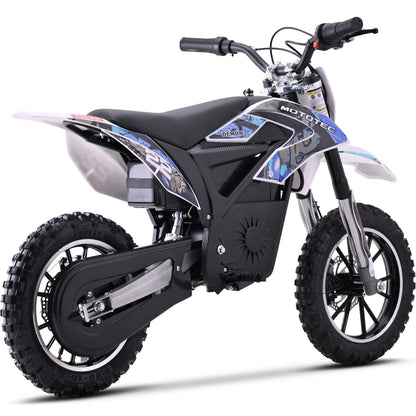 MotoTec Demon 790W blue electric dirt bike, opposite rear three-quarter view on white