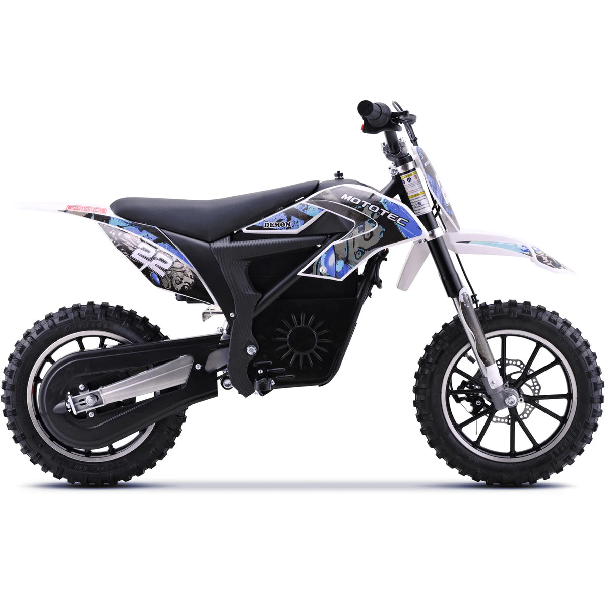 MotoTec Demon 790W blue electric dirt bike, opposite side profile on white