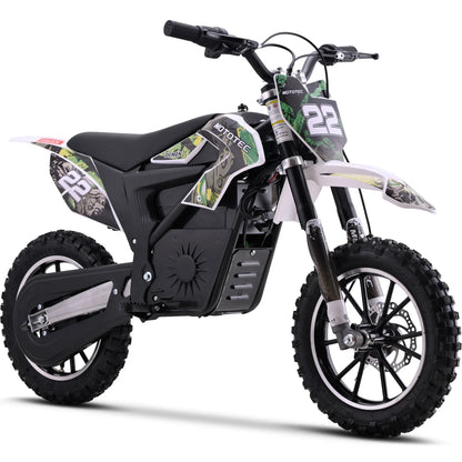 MotoTec Demon 790W green electric dirt bike, front three-quarter view on white
