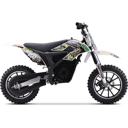 MotoTec Demon 790W green electric dirt bike, rear three-quarter view on white