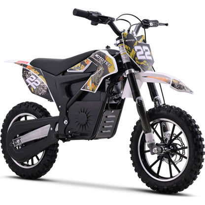 MotoTec Demon 790W orange electric dirt bike, front three-quarter view on white