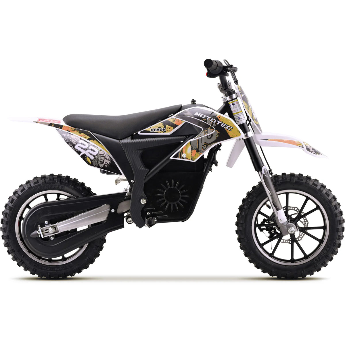 MotoTec Demon 790W orange electric dirt bike, rear three-quarter view on white