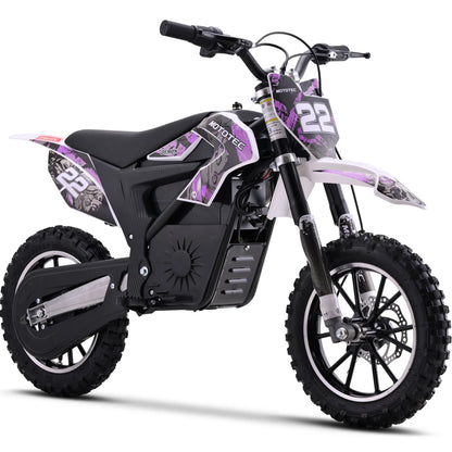 MotoTec Demon 790W purple electric dirt bike, front three-quarter view on white