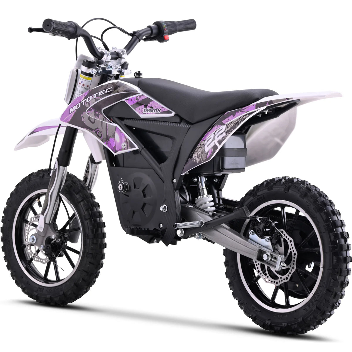 MotoTec Demon 790W purple electric dirt bike, rear three-quarter view on white