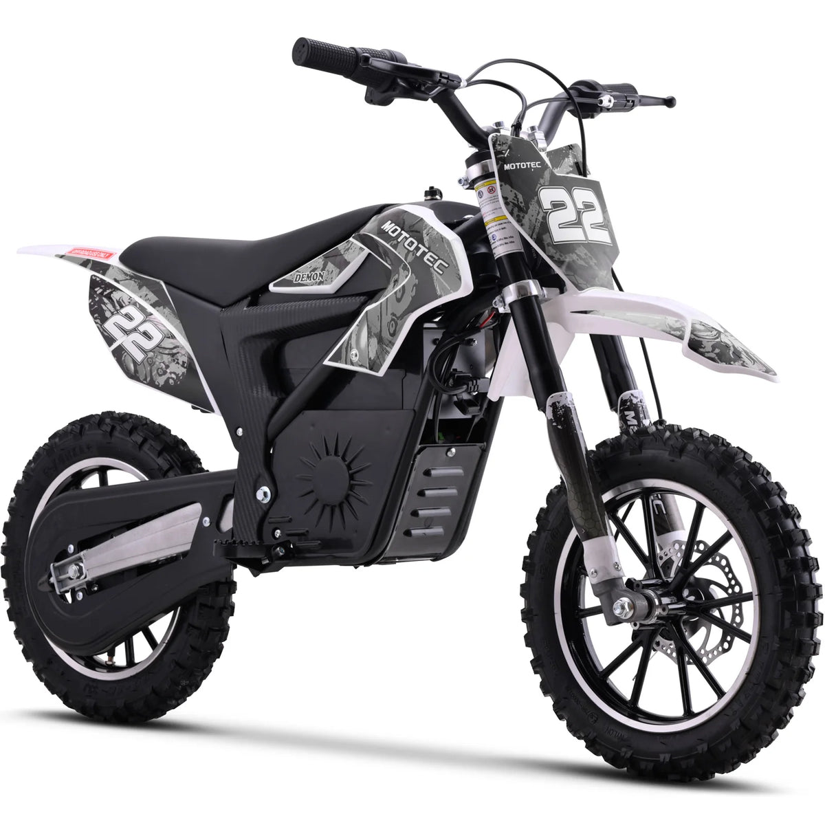 MotoTec Demon 790W white electric dirt bike, front three-quarter view on white