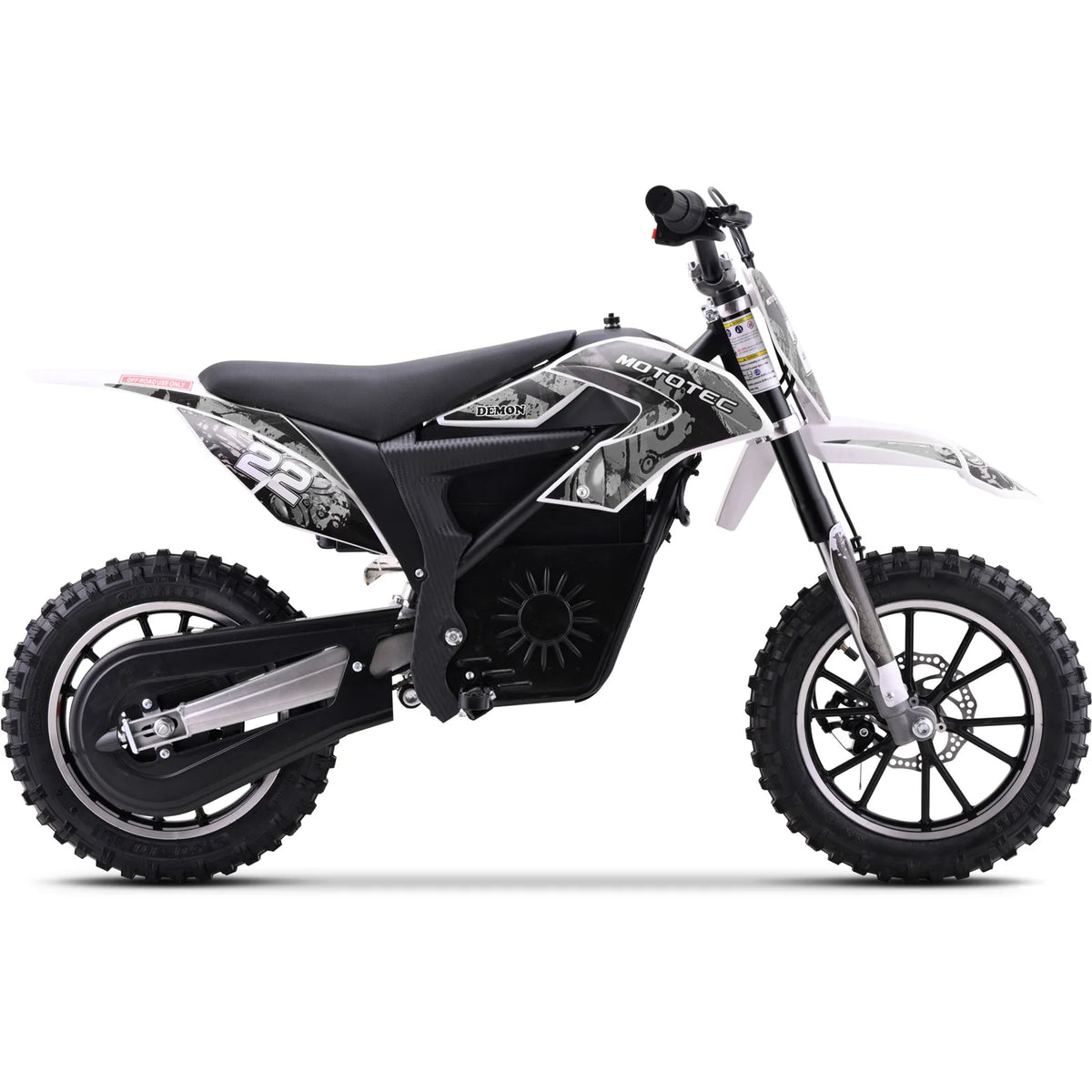 MotoTec Demon 790W white electric dirt bike, rear three-quarter view on white