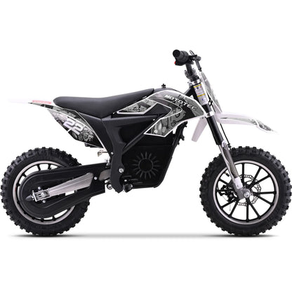 MotoTec Demon 790W white electric dirt bike, rear three-quarter view on white