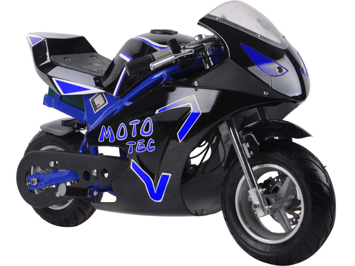 MotoTec Electric Pocket Bike GT 36V 500W — Blue complete product on white background