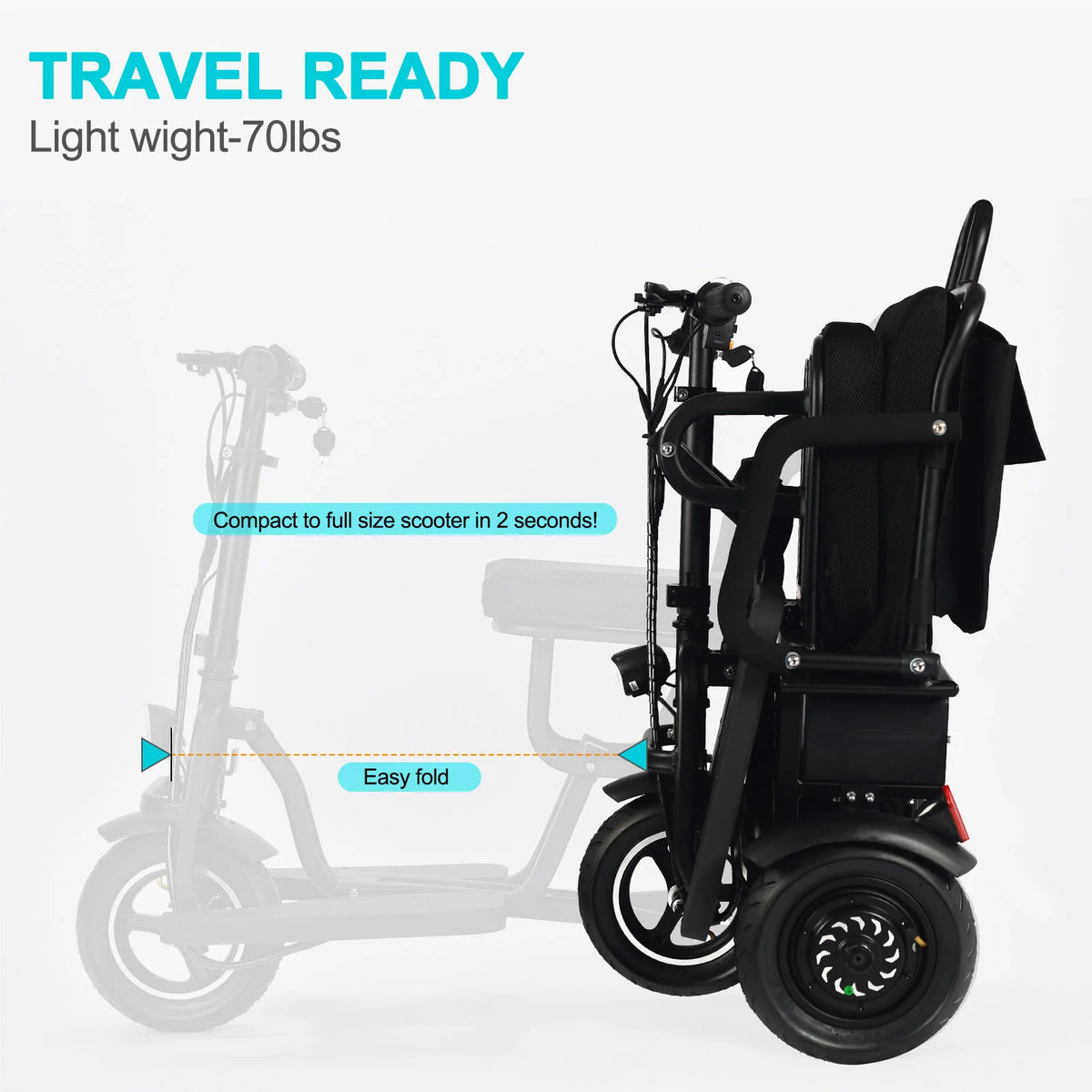 MotoTec Folding Mobility Electric Trike 48V 700W Dual Motor Lithium — Black supplier product view 7