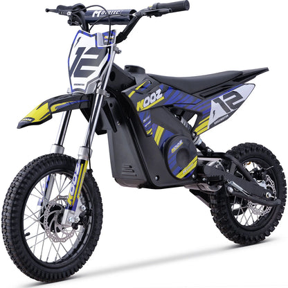 MotoTec HP112E blue electric dirt bike, front three-quarter product view on white