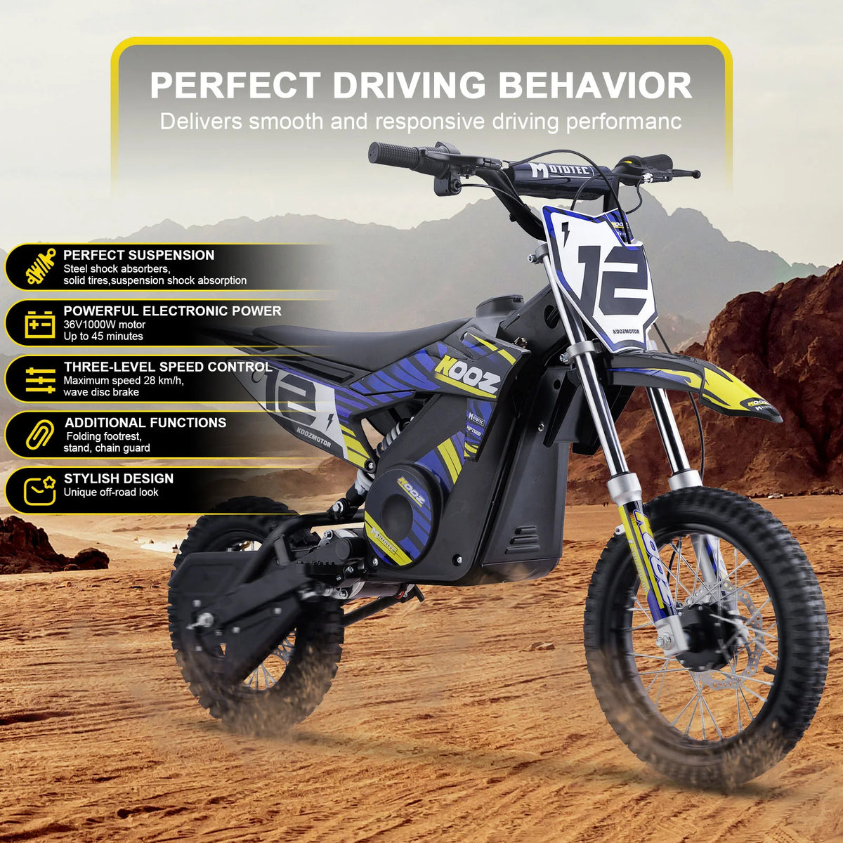MotoTec HP112E blue electric dirt bike, side view with supplier feature illustration