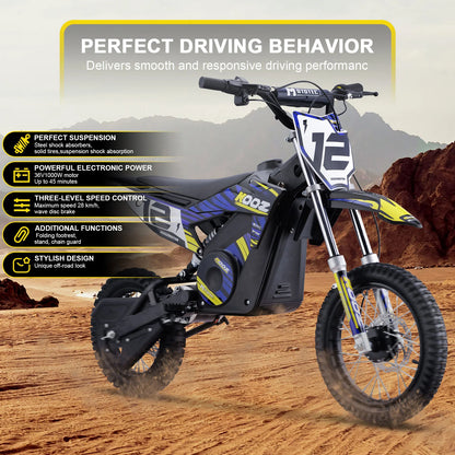 MotoTec HP112E blue electric dirt bike, side view with supplier feature illustration