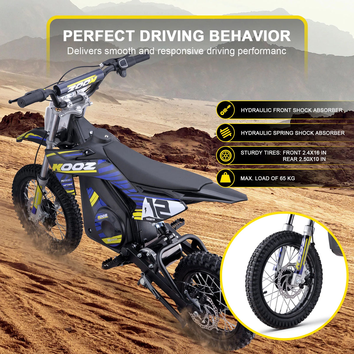 MotoTec HP112E blue electric dirt bike, rear view with front brake illustration