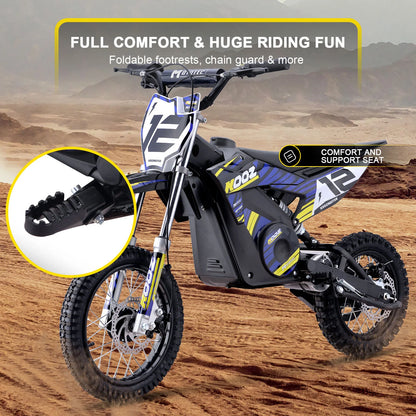 MotoTec HP112E blue electric dirt bike, frame, tyres and suspension illustration