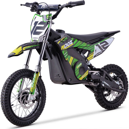 MotoTec HP112E green electric dirt bike, front three-quarter product view on white