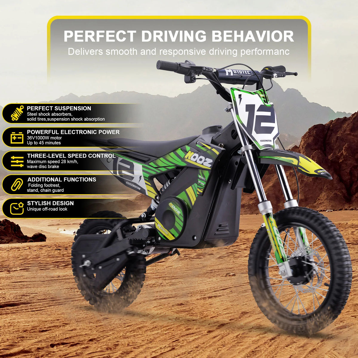 MotoTec HP112E green electric dirt bike, side view with supplier feature illustration