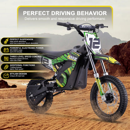 MotoTec HP112E green electric dirt bike, side view with supplier feature illustration