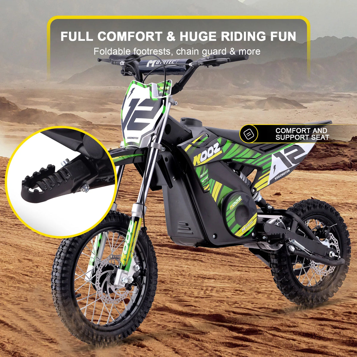MotoTec HP112E green electric dirt bike, frame, tyres and suspension illustration