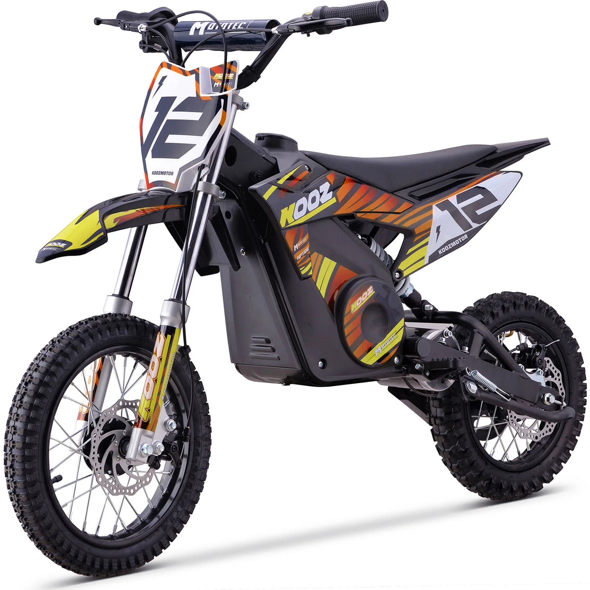 MotoTec HP112E orange electric dirt bike, front three-quarter product view on white
