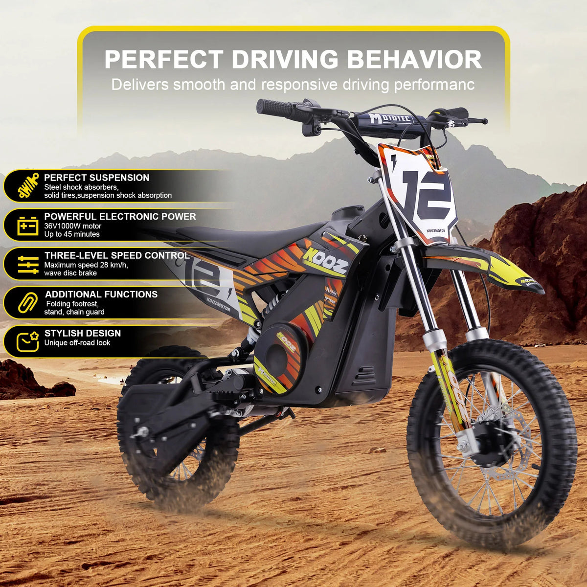 MotoTec HP112E orange electric dirt bike, side view with supplier feature illustration