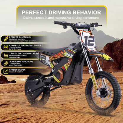 MotoTec HP112E orange electric dirt bike, side view with supplier feature illustration