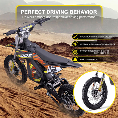 MotoTec HP112E orange electric dirt bike, rear view with front brake illustration