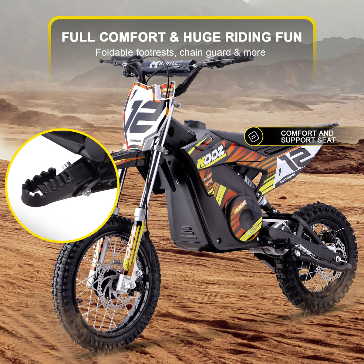 MotoTec HP112E orange electric dirt bike, frame, tyres and suspension illustration