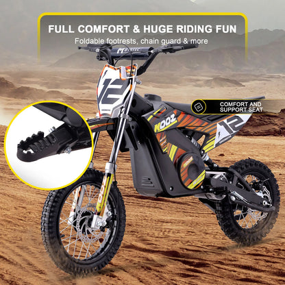 MotoTec HP112E orange electric dirt bike, frame, tyres and suspension illustration