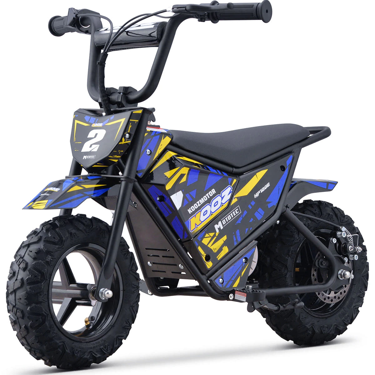 MotoTec HP120E 24V 250W electric mini bike in Blue, front three-quarter view