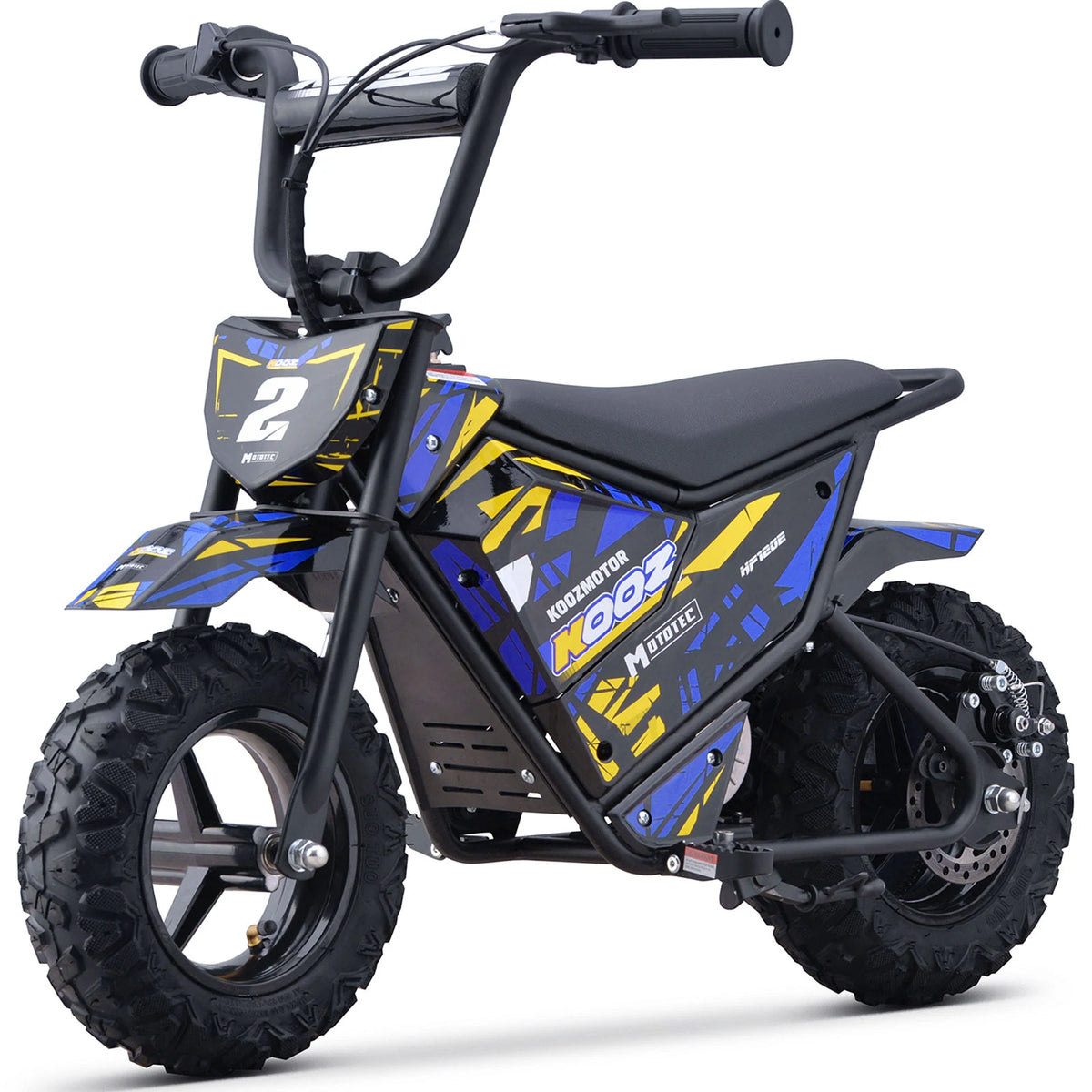 MotoTec HP120E 24V 250W electric mini bike in Blue, front three-quarter view