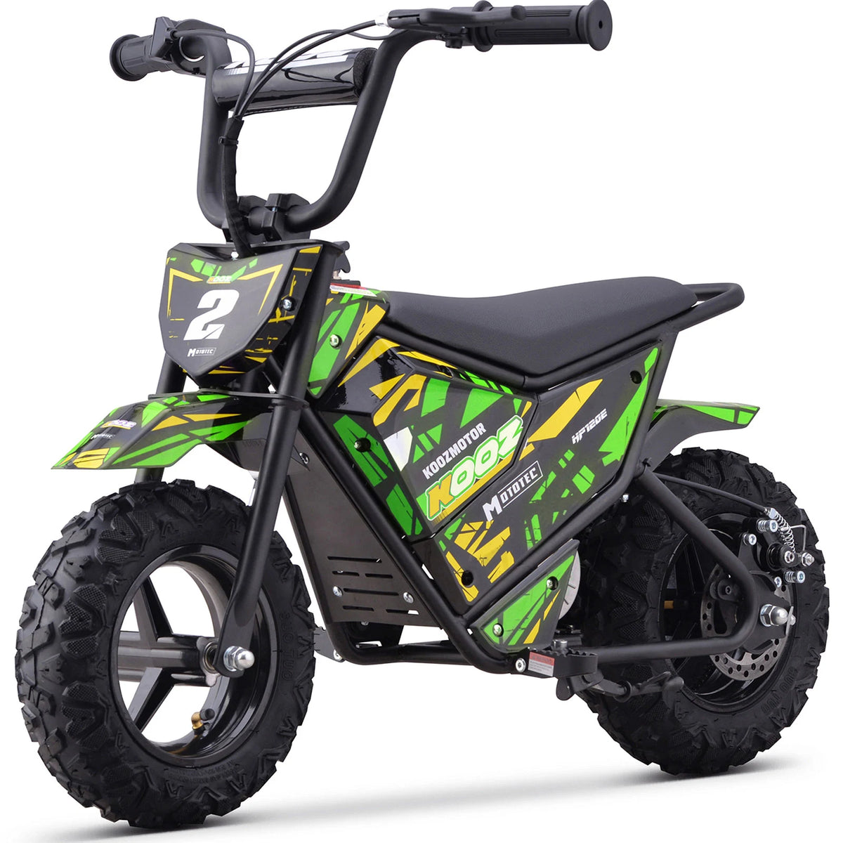 MotoTec HP120E 24V 250W electric mini bike in Green, front three-quarter view