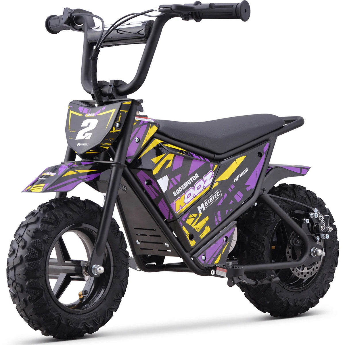 MotoTec HP120E 24V 250W electric mini bike in Purple, front three-quarter view