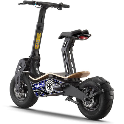 MotoTec Mad 48V 1600W electric scooter in Blue camo, rear or side view