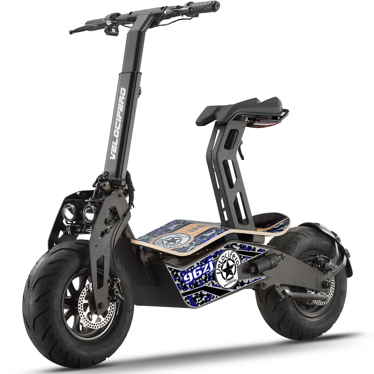 MotoTec Mad 48V 1600W electric scooter in Blue camo, alternate front three-quarter view