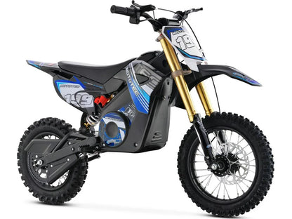 MotoTec Pro 36V 1200W electric dirt bike in blue, front three-quarter view on white background