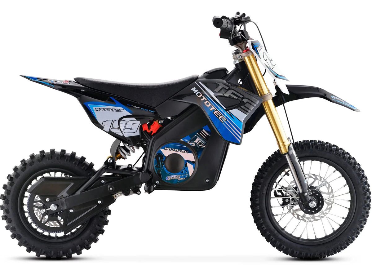 MotoTec Pro 36V 1200W electric dirt bike in blue, right side profile on white background