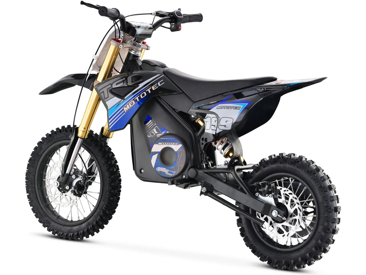 MotoTec Pro 36V 1200W electric dirt bike in blue, rear three-quarter view on white background