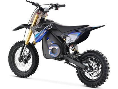 MotoTec Pro 36V 1200W electric dirt bike in blue, rear three-quarter view on white background