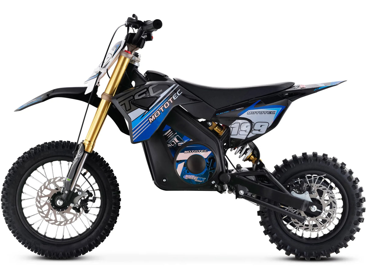 MotoTec Pro 36V 1200W electric dirt bike in blue, left side profile on white background